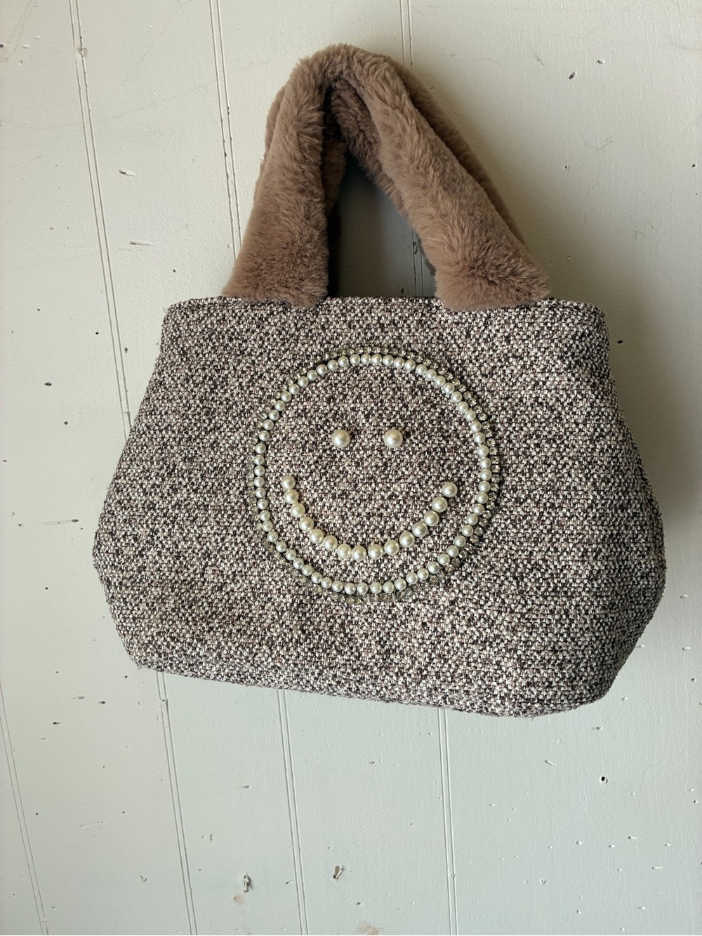 SMILEY x Cooco Nolleys light Pearl Smile Tweed Tote Bag with Faux Fur Handles
